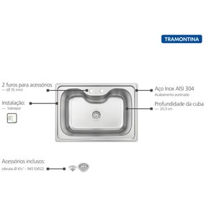 Cuba De Sobrepor Morgana 60 Fx Em Aço Inox Com Acabamento Acetinado 69 X 49 Cm Com Válvula Tramontina