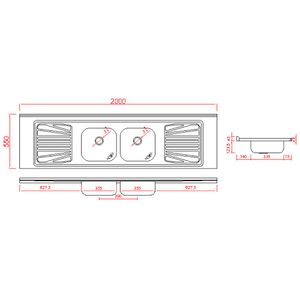Pia Luxo 2.00x52m Aço 304 Escovado Cuba Dupla Fabrinox