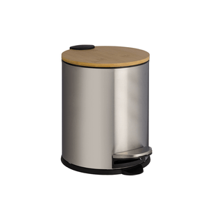 Lixeira Aço Inox Escovado Tampa De Bambu 5l Tiklar